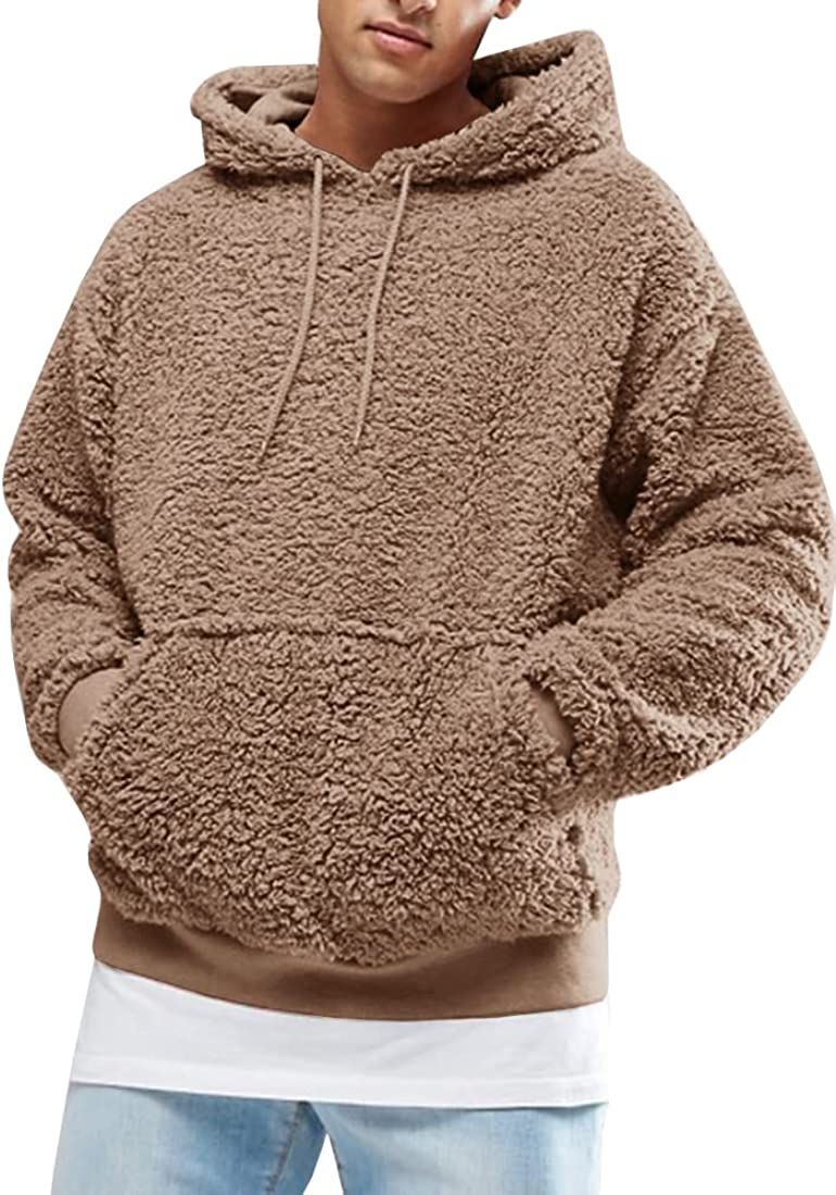 Mens Fuzzy Sherpa Pullover Hoodie Sweatshirts Long Sleeve Sport Front Pocket Fall Outwear Winter Hoo | Amazon (US)