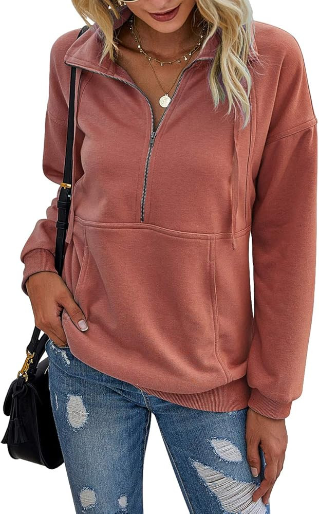 PRETTYGARDEN Women's Casual Long Sleeve Zipper Sweatshirt Drawstring Loose Quarter Zip Pullover T... | Amazon (US)