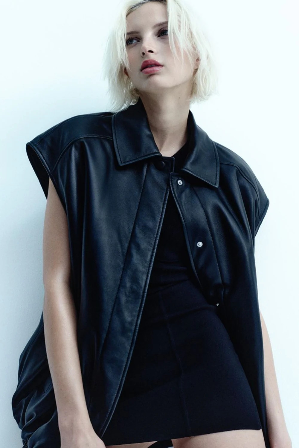 Oversize Leather Bomber Vest Black | Curio