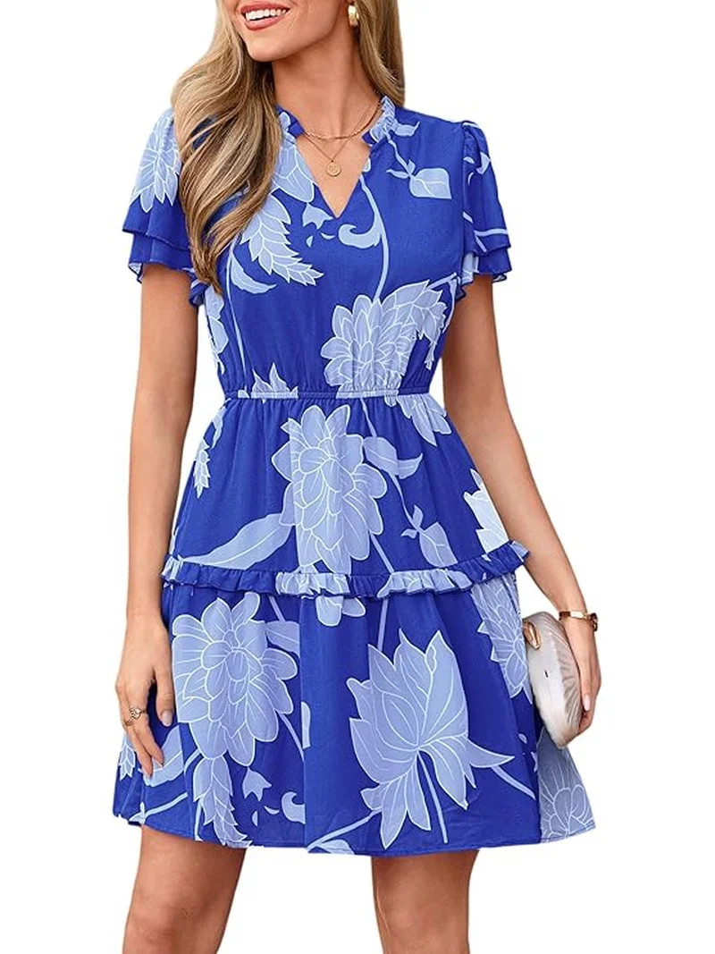 PRETTYGARDEN Womens Summer Floral Mini Dress Trendy Ruffle Short Sleeve V Neck Flowy A Line Short... | Walmart (US)