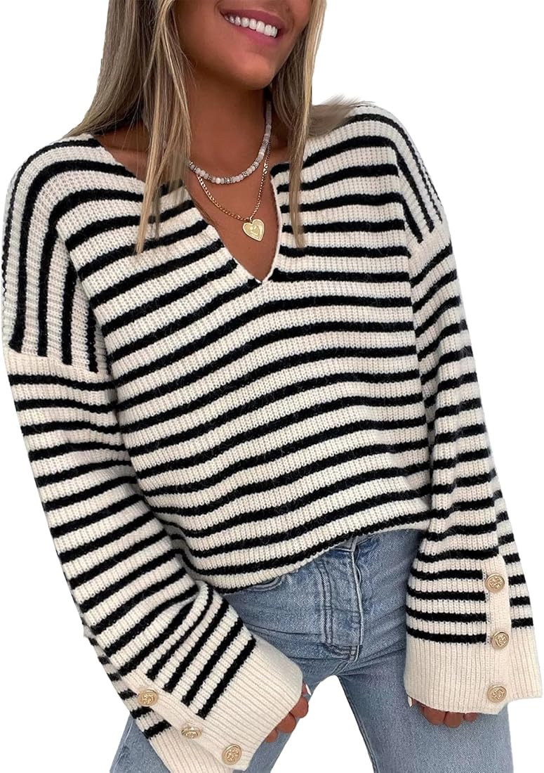 LILLUSORY Women's Striped V Neck Long Sleeve Sweater Fashion Trendy Casual Clothes | Amazon (US)