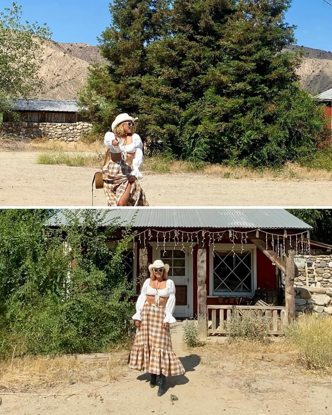 Wild Wild West 🫶 Western hat, white puff sleeve crop top, plaid maxi skirt, black boots & white sunglasses 

#LTKStyleTip #LTKFestival #LTKWatchNow
