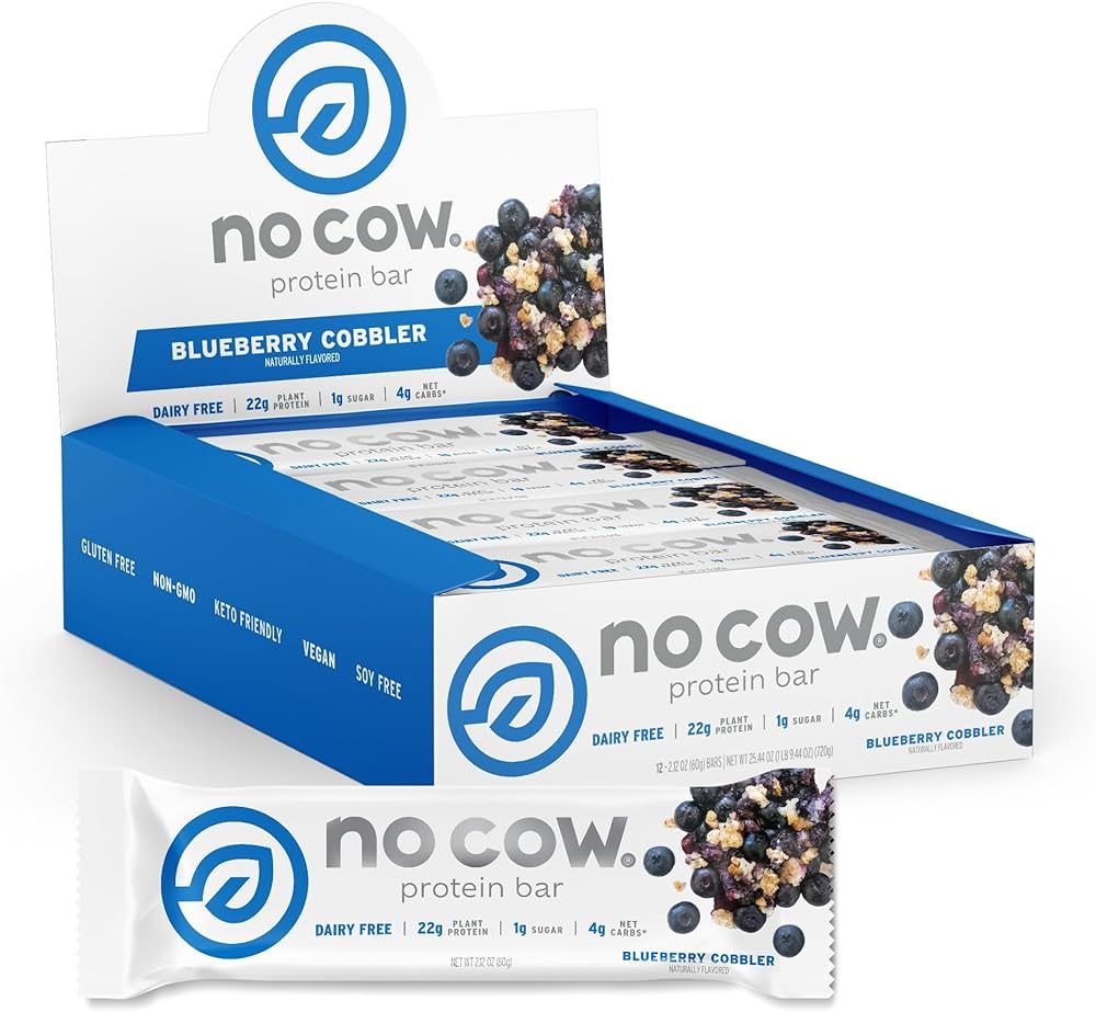 No Cow Protein bar, Blueberry Cobbler, 22g Plant Based Protein, Keto Friendly, Low Sugar, Dairy F... | Amazon (US)