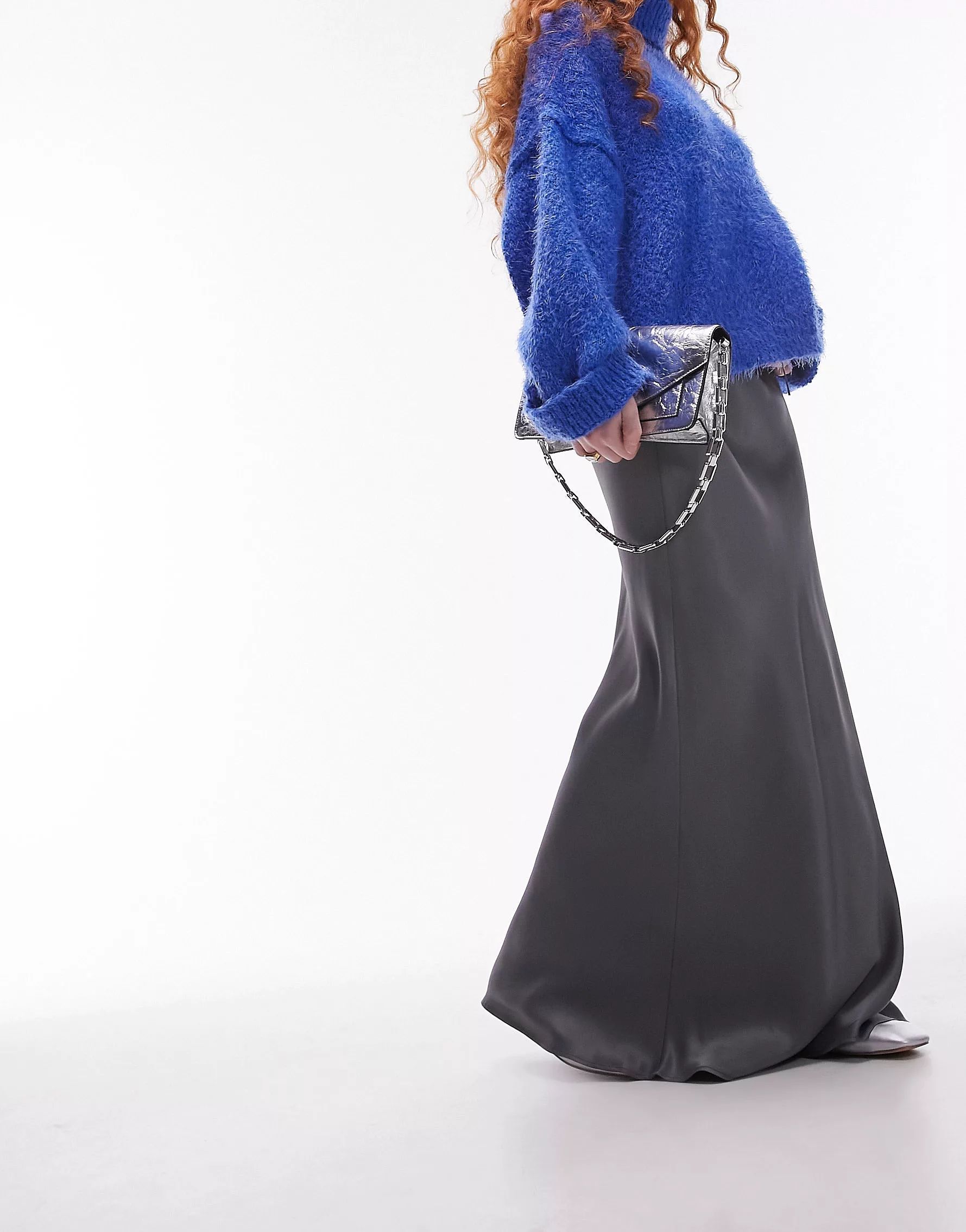 Topshop drawstring satin bias maxi skirt in charcoal | ASOS (Global)