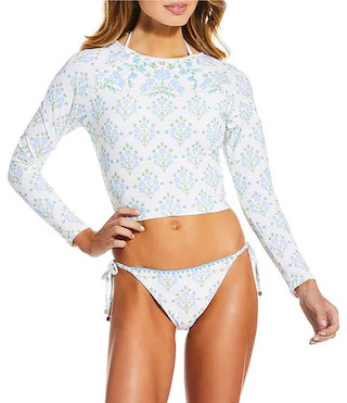 A Loves A Traditional Blooms Ivory Long Sleeve Rashguard Swim Top Cover-Up & Reversible Tie Side ... | Dillard's