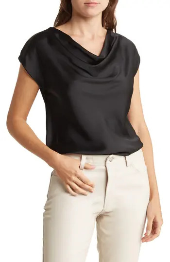 Renee C Cowl Neck Cap Sleeve Satin Top in Black at Nordstrom Rack, Size Small | Nordstrom Rack