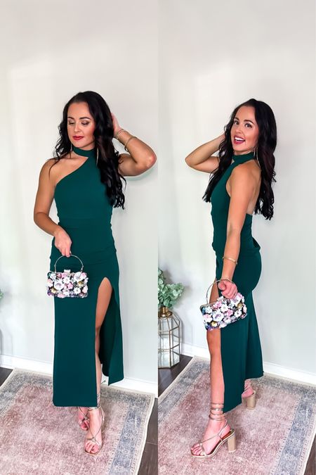 Under $40 amazon high neck cutout formal maxi dress (small, 5+ colors), under $30 amazon floral designer inspired purse / bag, under $50 amazon gold lace up heels (tts) and under $15 gold statement earrings— the perfect fall wedding guest look! #founditonamazon 

#LTKwedding #LTKfindsunder50 #LTKxPrime