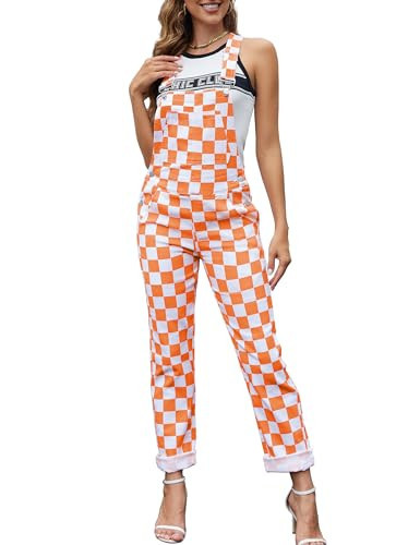 Odefou Womens Overalls Denim Orang Jumpsuit Jeans Checkered Pants Work Bib Coveralls(Orange Checkered,s) | Amazon (US)