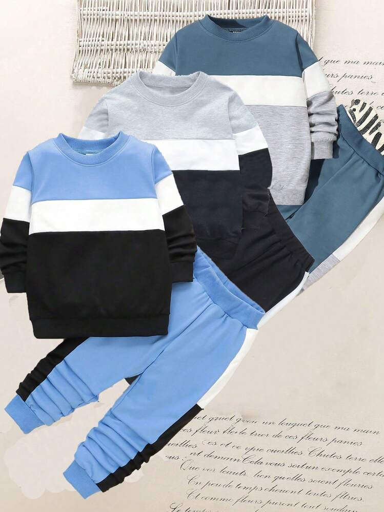 SHEIN 6pcs/Set Young Boy Casual Sporty Collegiate Style Contrast Color Hoodie And Pants Set, Suit... | SHEIN