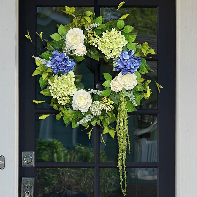23 Inch Spring Wreaths for Front Door, Soomeir Blue and Green Hydrangea Winter Door Wreaths Outsi... | Amazon (US)