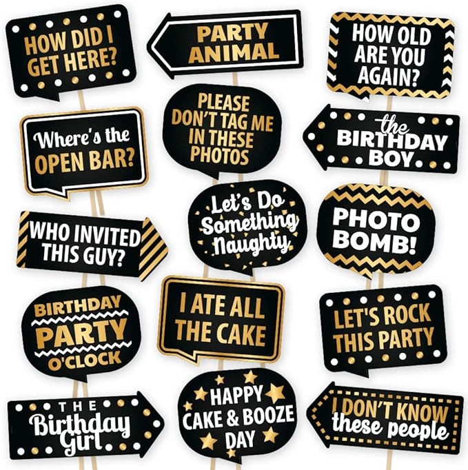 Happy Birthday Photo Booth Props by PartyGraphix - European Made Black and Gold Selfie Props Birt... | Amazon (US)