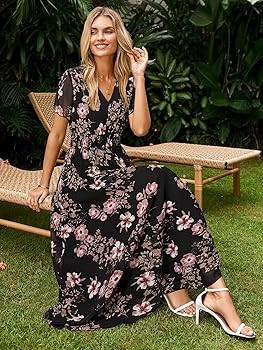 Simplee Womens Floral Maxi Dress - Short Sleeve Summer Boho Wedding Guest Dress Empire Waist Chif... | Amazon (US)