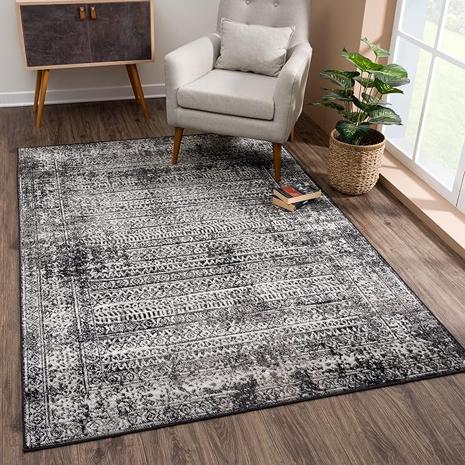 Vintage Geometric Black Gray Area Rug - Boho Distressed 6x9 Rug for Living Room, Bedroom and Kitc... | Amazon (US)
