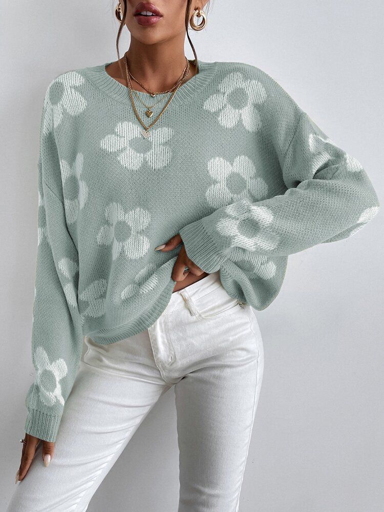 Floral Pattern Drop Shoulder Sweater | SHEIN