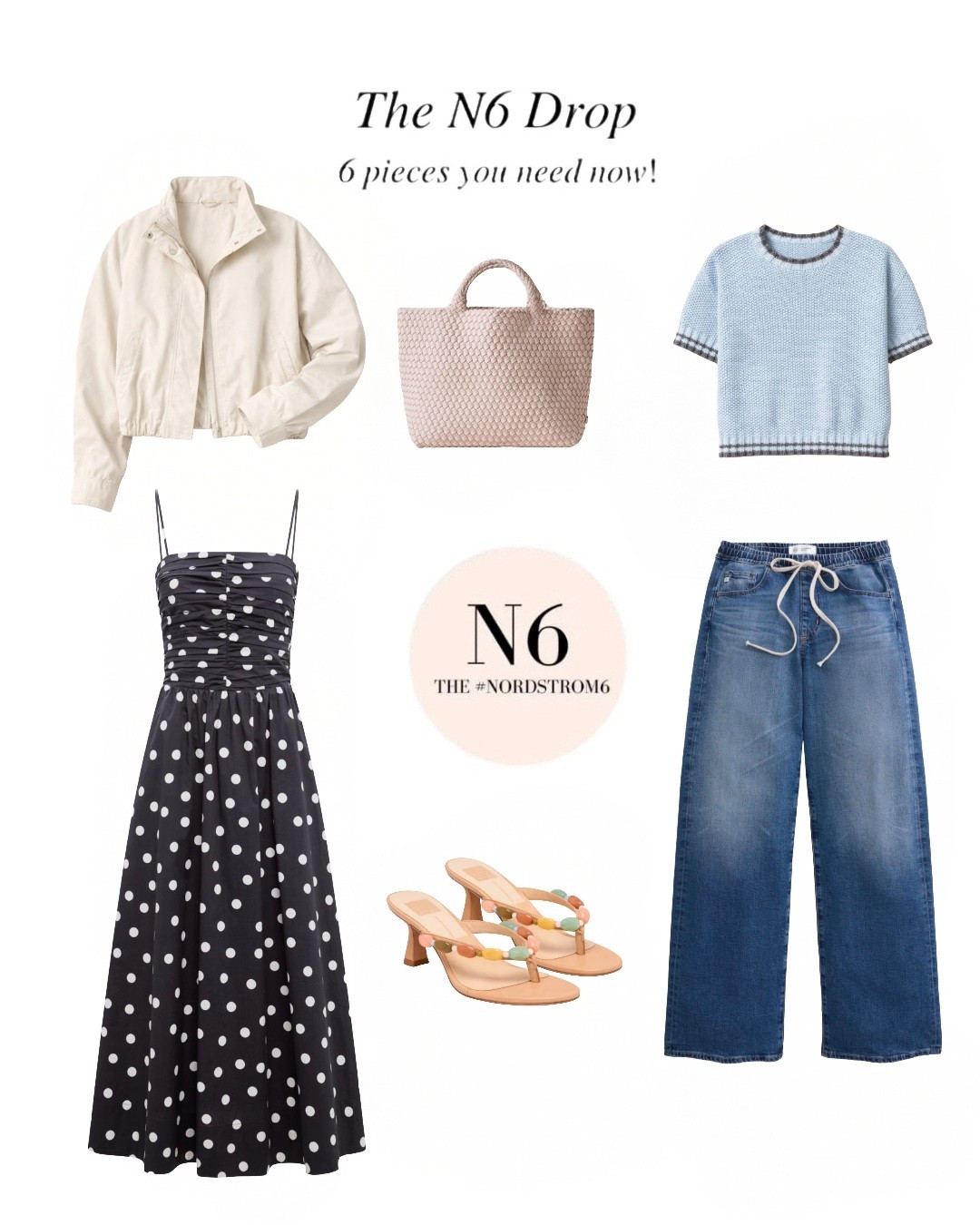 This is the March Nordstrom6 Drop! 

The N6 is a group of pro stylists that put out heads together every month to come up with 6 items we believe every woman could use to liven up her closet! 

For the warmer month to come, we chose: 
⭐️lightweight bomber with high collar
⭐️polka dot sundress 
⭐️relaxed light drawstring pants
⭐️cropped short sleeve sweater
⭐️woven tote bag
⭐️sandal with pretty beads 

Everything is true to size. The jeans have some stretch. 


#LTKSeasonal #LTKOver40 #LTKPetite