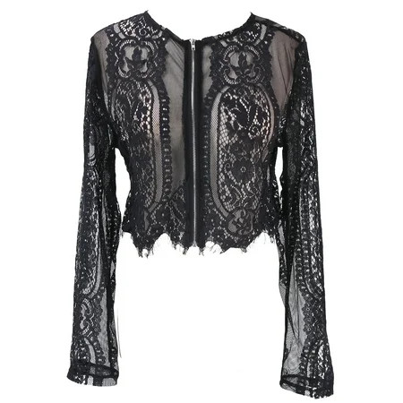 Binpure Woman Long Sleeve Lace Tunic See-through Slim Zipper Closure Blouse | Walmart (US)