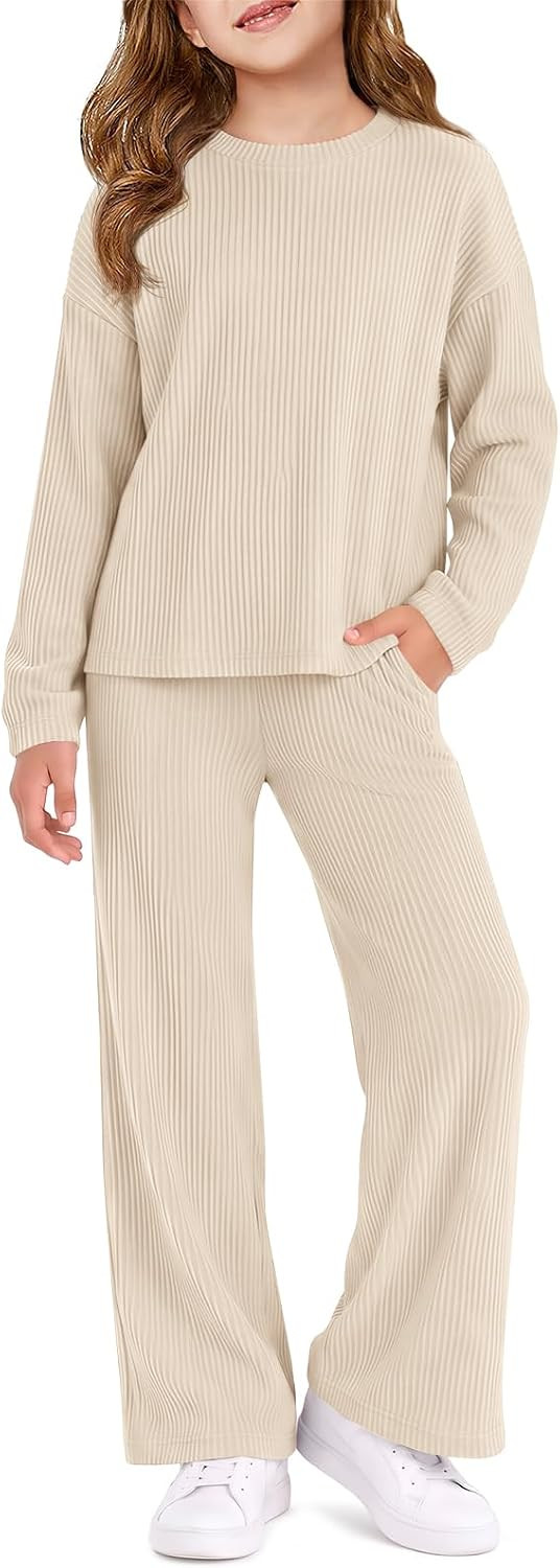 Haloumoning Girls Ribbed Knit Long Sleeve Shirts and Pants Set with Pockets | Amazon (US)