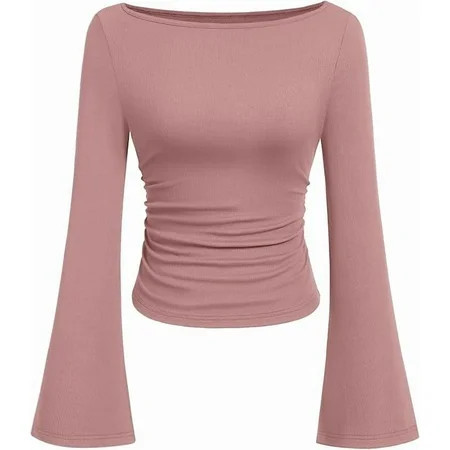 PRETTYGARDEN Women's Long Sleeve Shirts Fall Going Out Tops Casual Boat Neck Bell Sleeve Ribbed Ruched Knit Blouse | Walmart (US)