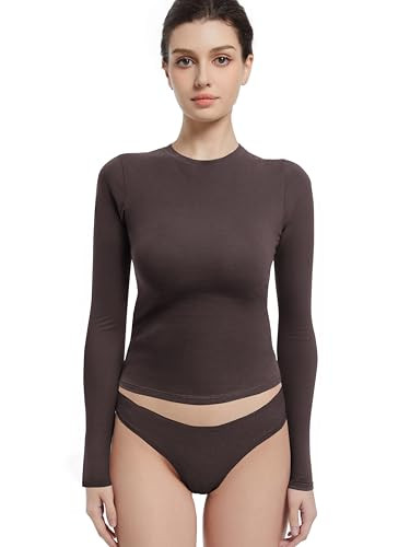 Abonlen Long Sleeve Shirts for Women Crewneck Basic Tees T Shirts Fitted Crop Tops Y2k Going Out Tops (Dark Coffee,Small) | Amazon (US)