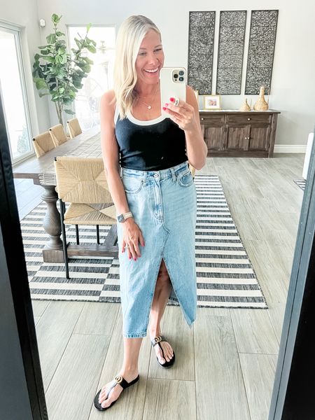 Abercrombie denim midi skirt in the 26 small two tone tank top. Spring trends spring outfit ideas 

Follow my shop @thesensibleshopaholic on the @shop.LTK app to shop this post and get my exclusive app-only content!

#liketkit #LTKstyletip #LTKSeasonal #LTKover40
@shop.ltk
https://liketk.it/4EnqU