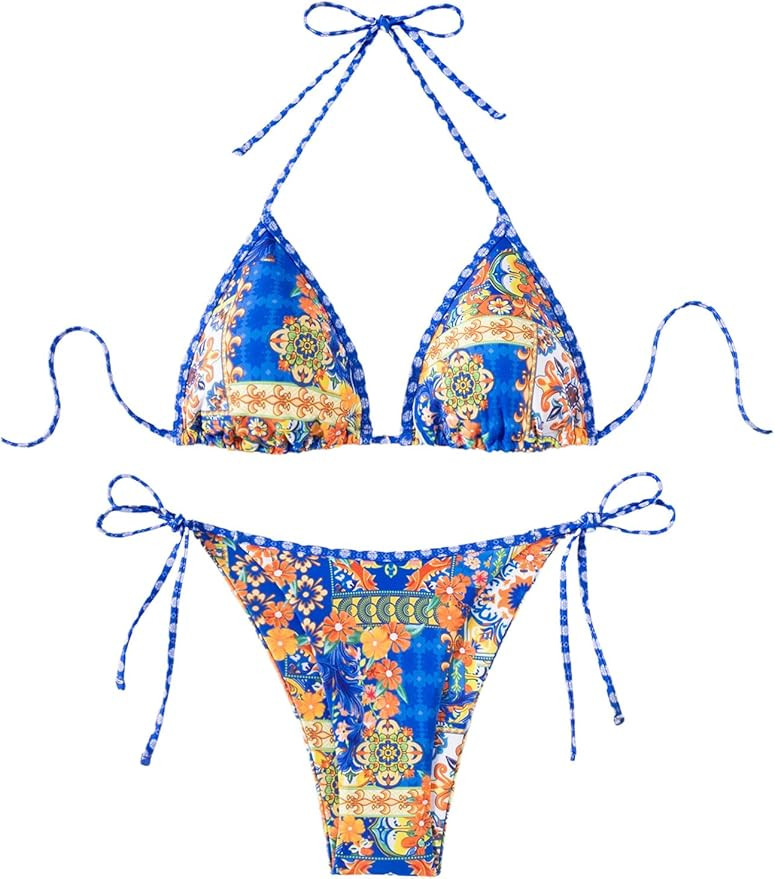 Women's 2 Piece Floral Bikini Boho Halter Triangle Bikini Set Tie Back Swimsuit Bathing Suit Beac... | Amazon (US)