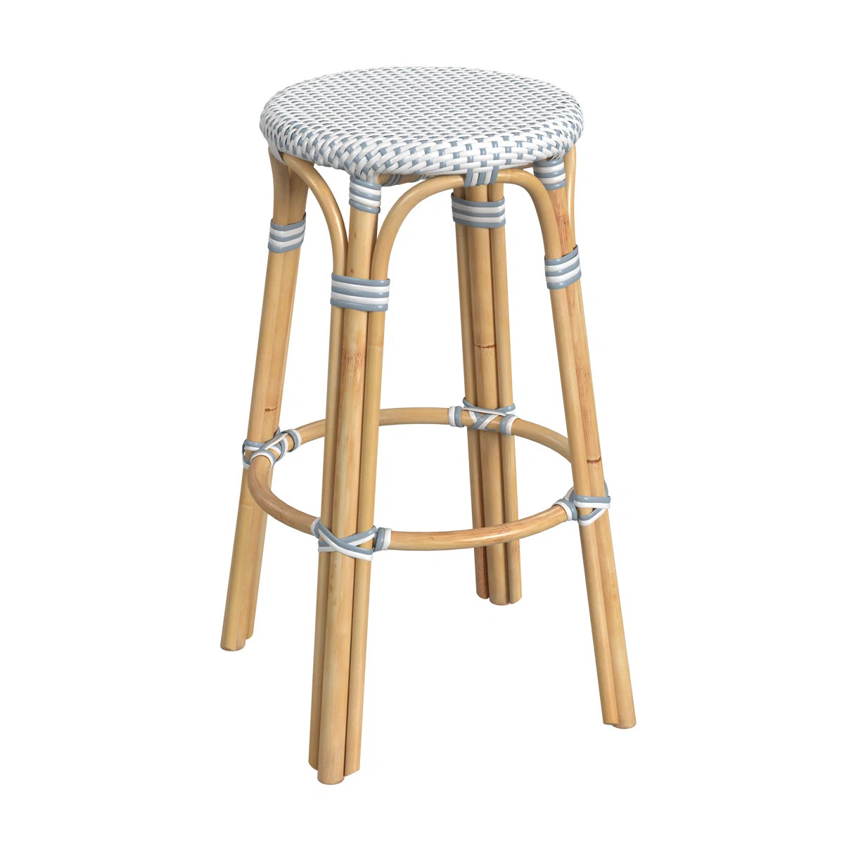 Alastair 30" Rattan Bar Stool - White/Sky Blue Dot / Natural Rattan Frame | Wayfair North America
