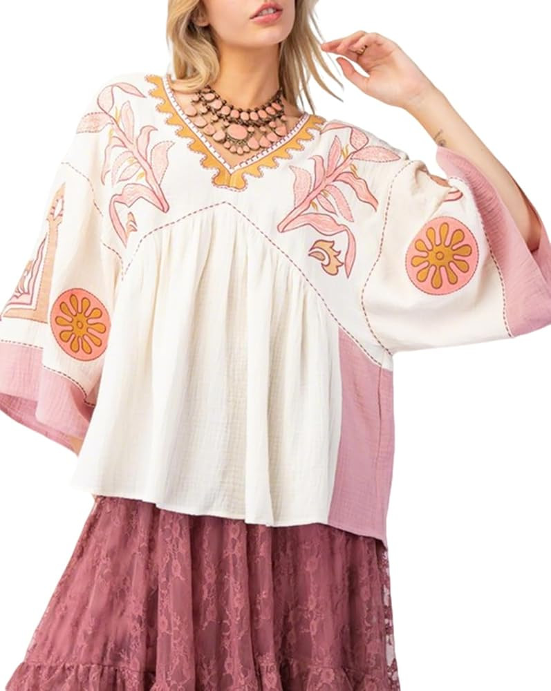 Womens Floral Printed Blouse V-Neck 3/4 Sleeves Loose Fit Vintage Babydoll Tops | Amazon (US)