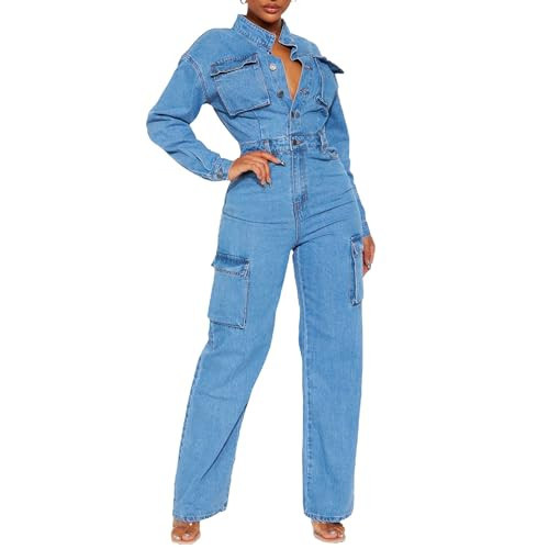cffvdiz Women's Sexy Long Sleeve Denim Jumpsuit Slim Fit Button Down Cargo Jeans Wide Leg Rompers with Pocket,Blue,M | Amazon (US)