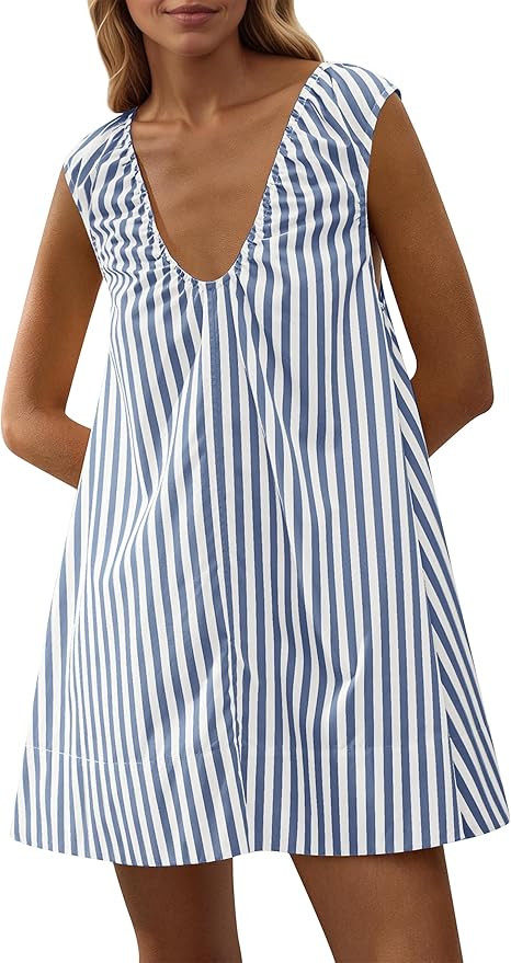 Women's Sleeveless Babydoll Tank Mini Dress Scoop Neck Ruched Bubble Dress with Pockets Short Sum... | Amazon (US)