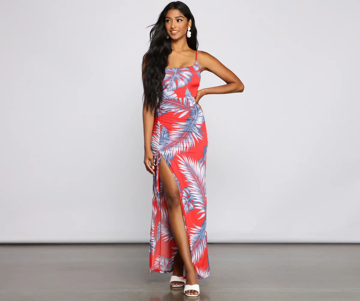 Pretty Palm Ruched Maxi Dress | Windsor Stores