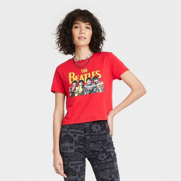 Women's The Beatles Short Sleeve Graphic Skimmer T-Shirt - Red | Target