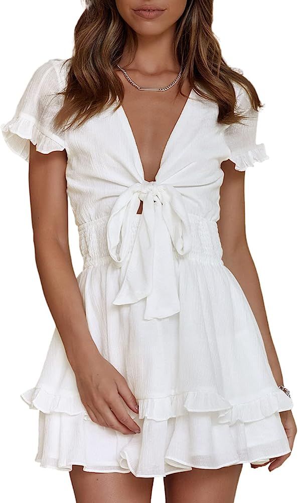 Happy Sailed Women Summer Short Sleeve Front Knot V Neck Elastic Wasit Ruffle Swing Mini Dresses | Amazon (US)