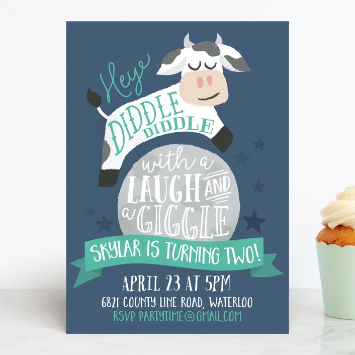 "Over the Moon" - Customizable Children's Birthday Party Invitations in Blue by Jessie Steury. | Minted