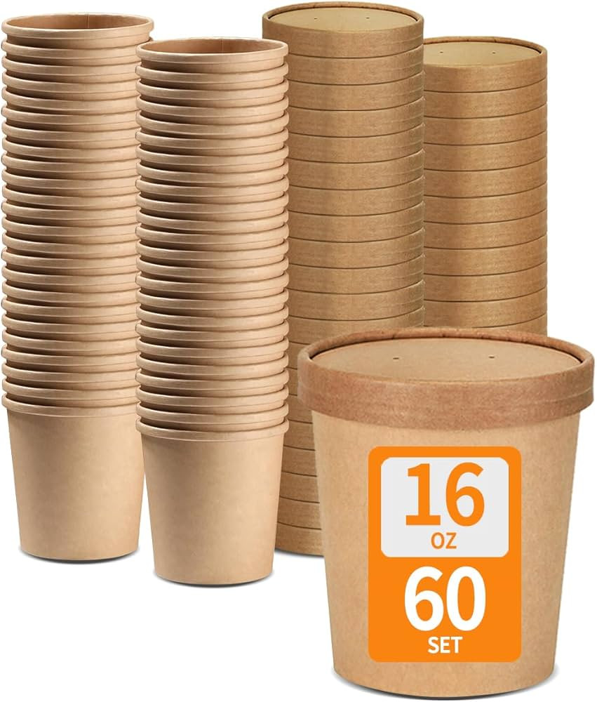 Celel 60 Pack 16 oz Pint Ice Cream Containers with Lids, Paper To Go Soup Containers Microwavable... | Amazon (US)
