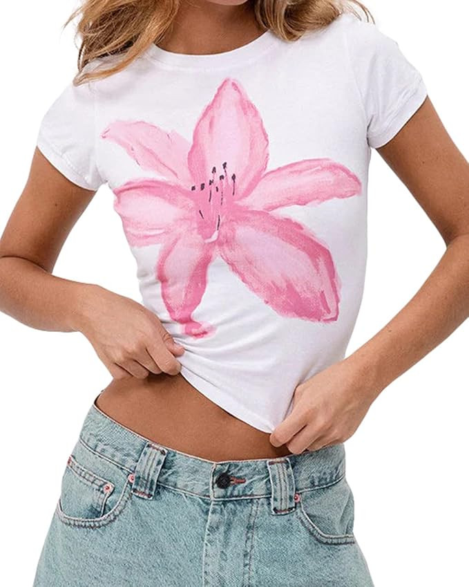 Cioatin Women Y2K Short Sleeve Flower Graphic Baby Tee Shirt Vintage Aesthetic Floral Print Summe... | Amazon (US)