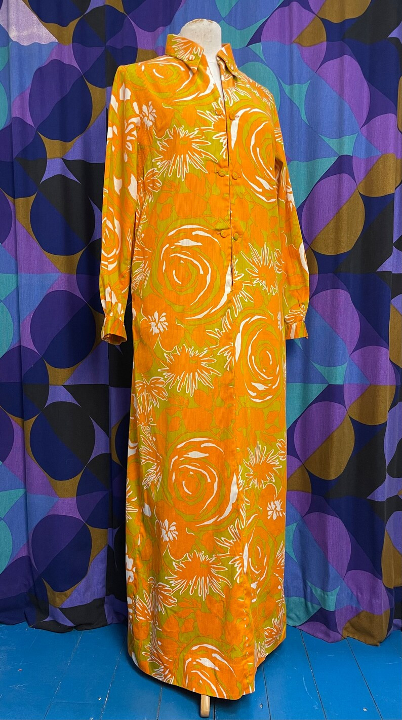 Gorgeous Vintage 60s 70s Orange Psychedelic Hawaiian Print Long Sleeved Maxi Dress With Pointed C... | Etsy (US)