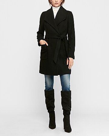 long belted wool-blend wrap front car coat | Express