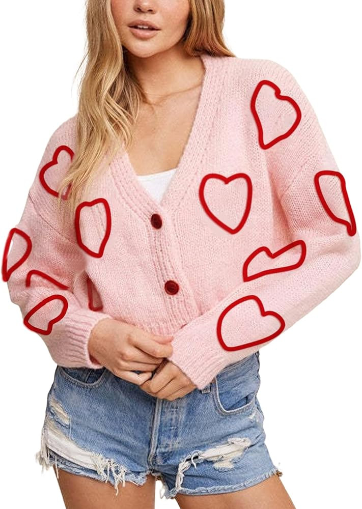 Yimoon Women's Valentines Heart Cardigan Sweater Cute Cropped Knit Sweater Oversized Button Down ... | Amazon (US)