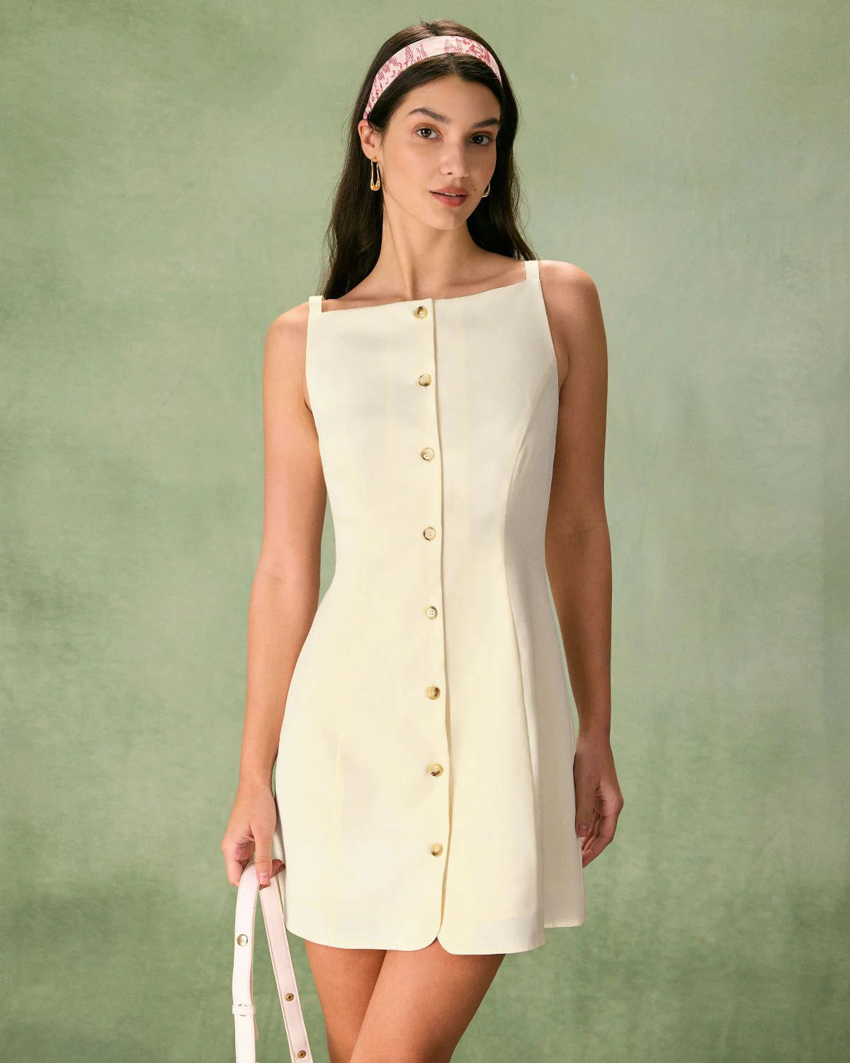 The Beige Boat Neck Button Mini Dress & Reviews - Beige - Dresses | RIHOAS | rihoas.com