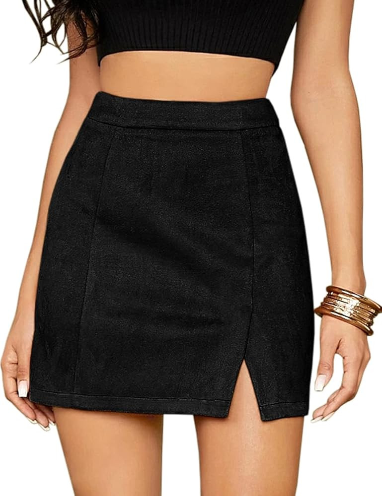 Mulisky Skirts for Women, Faux Suede High Waist Side Split Zipper Mini Skirts | Amazon (US)