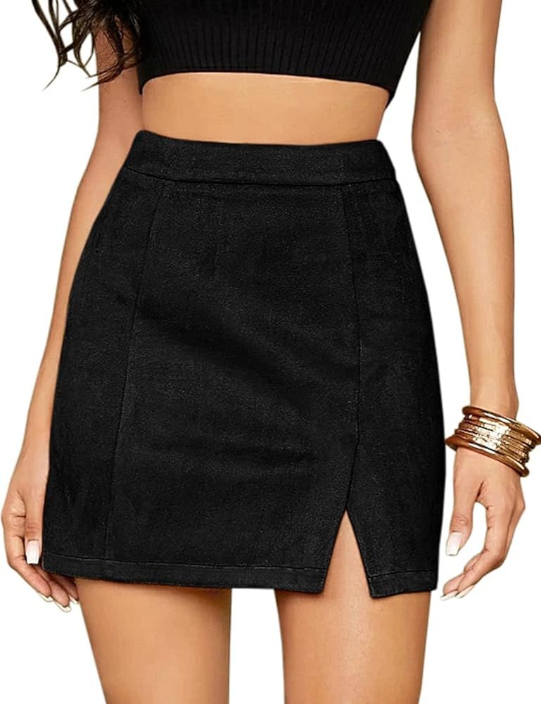 Mulisky Skirts for Women, Faux Suede High Waist Side Split Zipper Mini Skirts | Amazon (US)