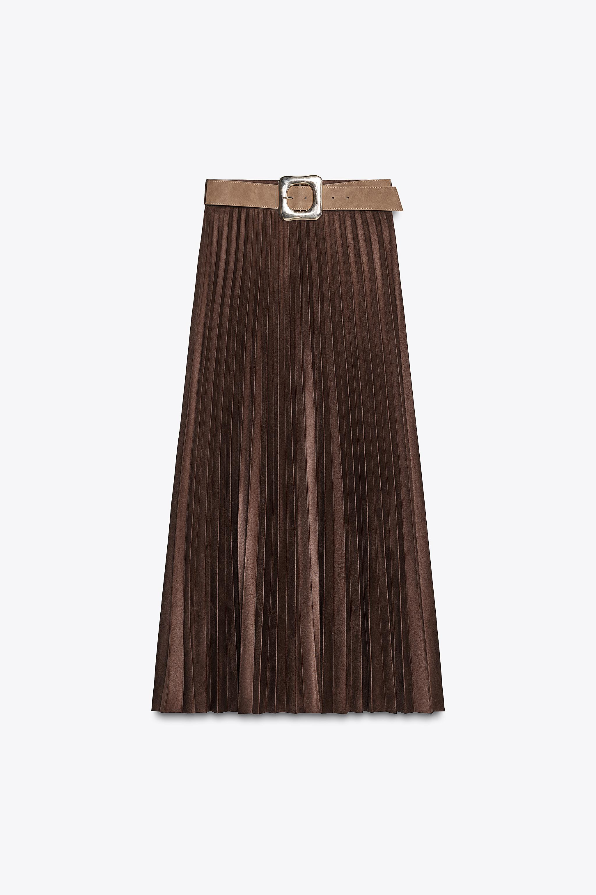 BELTED FAUX SUEDE EFFECT PLEATED MIDI SKIRT | Zara Canada