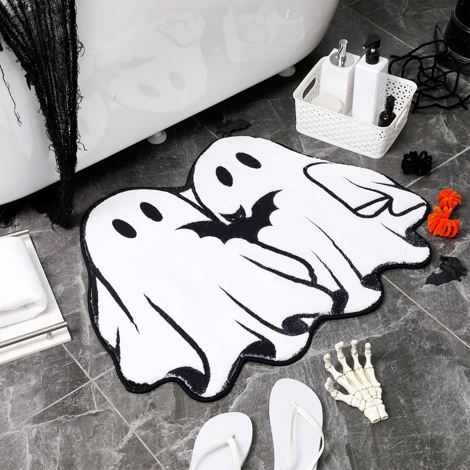 Halloween Bath Rug 31.4 Inch Ghost Bat Pattern Goth Bath Mat Spooky Black White Gothic Bathroom R... | Amazon (US)