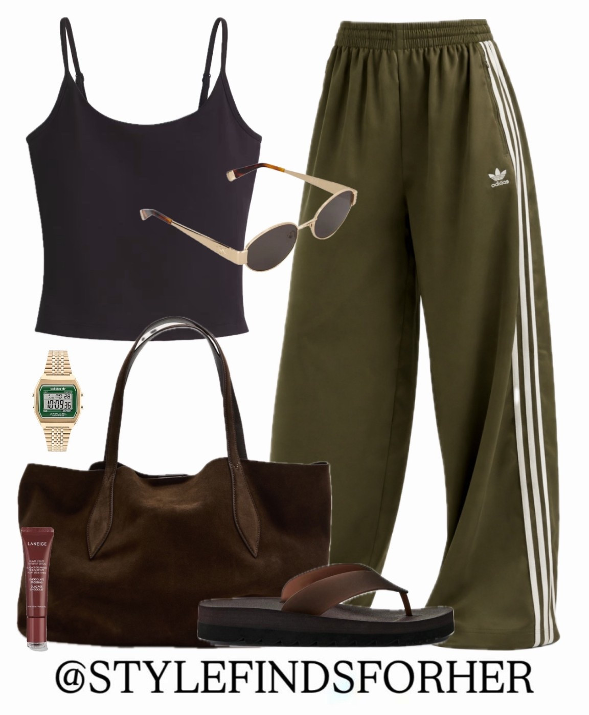 Styling the brand new khaki wide leg satin track pants from Adidas. Teamed with a black vest top (no bra necessary), platform flip flops and slouchy suede handbag. Casual sporty chic 👌🏼

#LTKuk #LTKfitness #LTKsummer