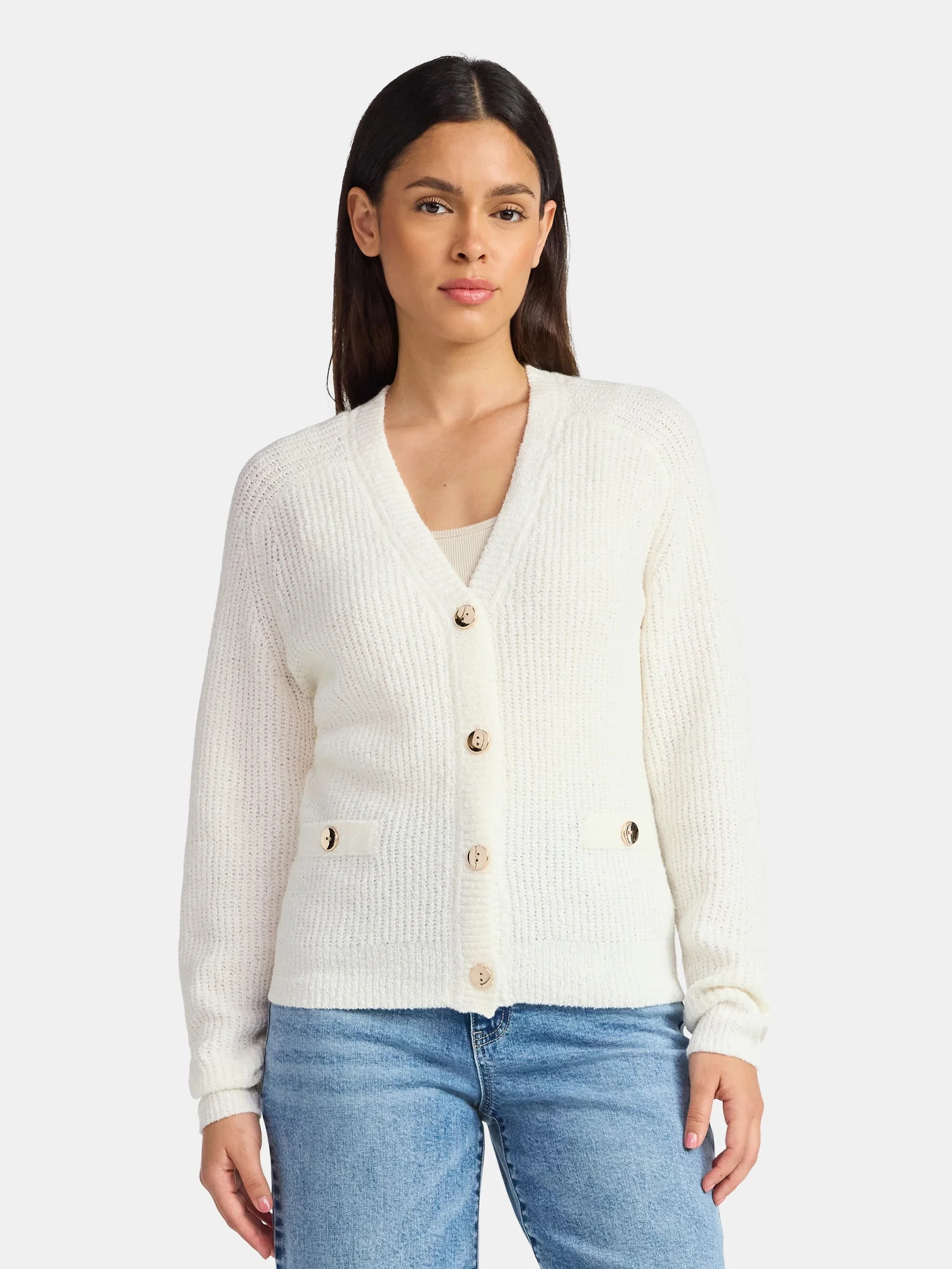 Time and Tru Women's V Neck Button Front Boucle Cardigan Sweater with Long Sleeves, Mid-weight, S... | Walmart (US)