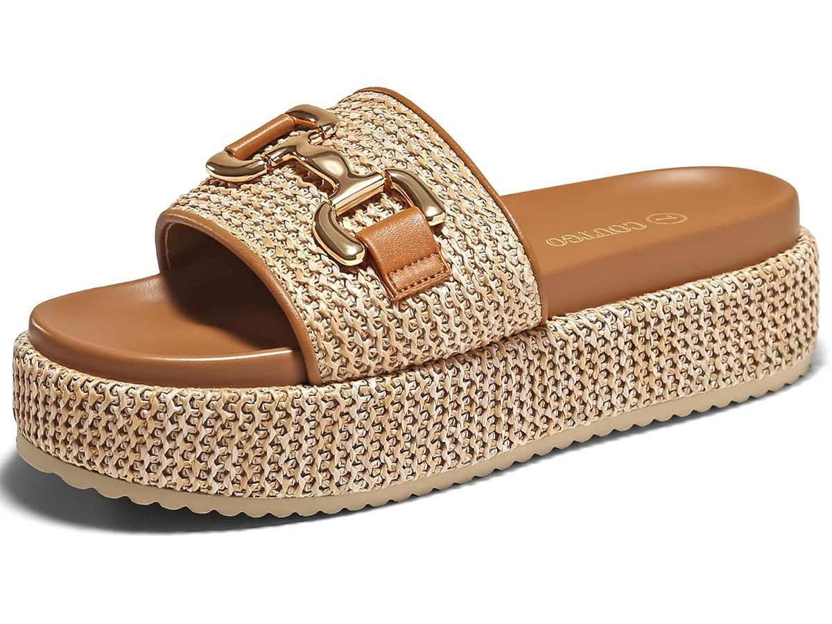 Coutgo Womens Platform Sandals Raffia Espadrilles Metal Chain Slip on Open Toe Cute Beach Slide S... | Amazon (US)