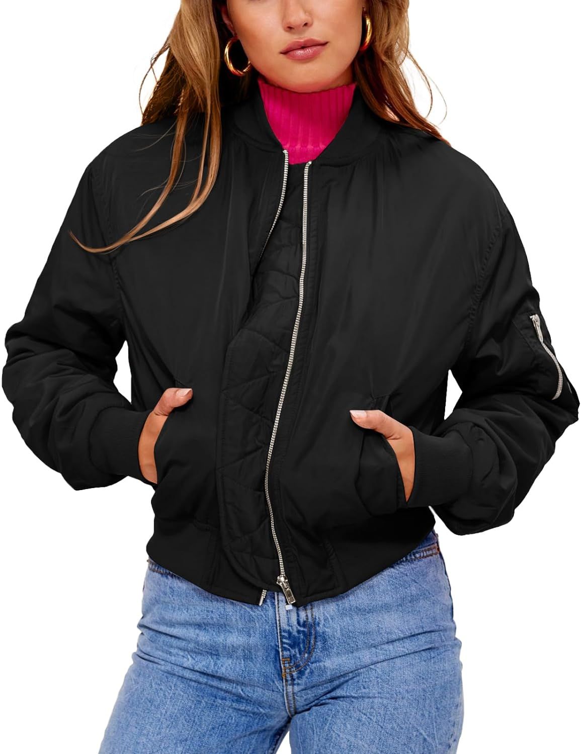 Tankaneo Womens Quilted Bomber Jacket Zip Up Long Sleeve Lightweight Windbreaker Jackets Coat wit... | Amazon (US)