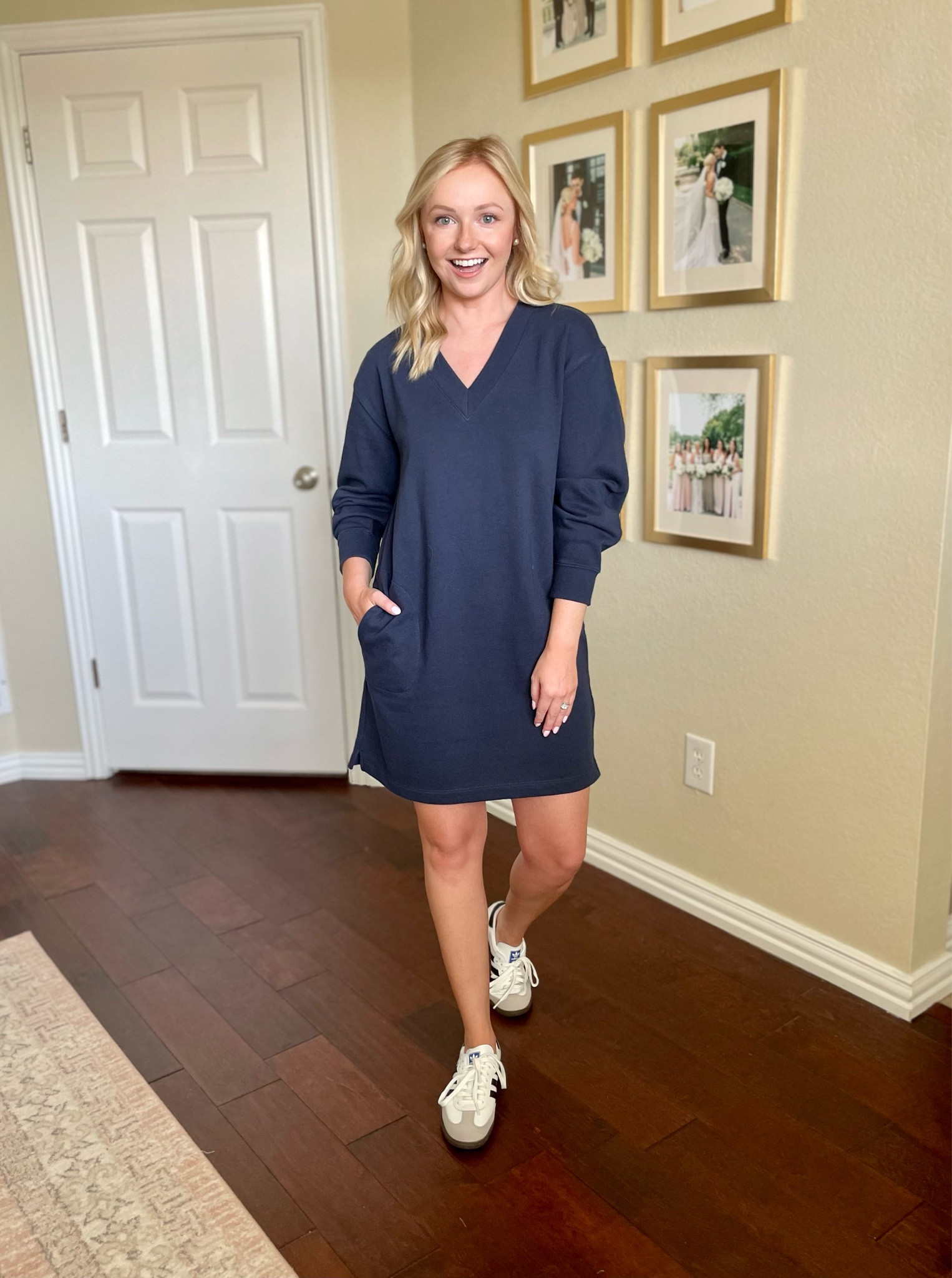Wearing an XS in the dress | sweatshirt dress, navy dress, casual dress, fall dress, adidas
Sambas, adidas
Sneakers 

#LTKSeasonal #LTKFind #LTKBacktoSchool