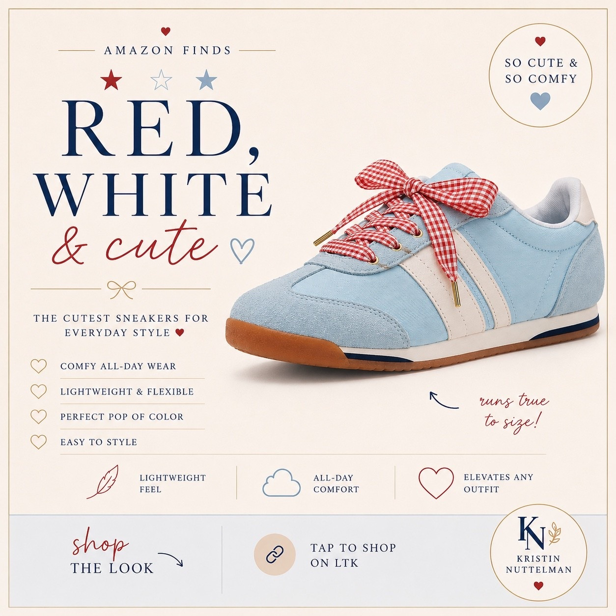 Red, white & CUTE 🇺🇸🎀 These Amazon sneakers are giving the perfect mix of comfy, casual, and patriotic without trying too hard. The gingham laces make them feel so fun for summer outfits, Memorial Day, the 4th, or just everyday errands in style ❤️🤍💙

They’re lightweight, easy to style, and seriously look way more expensive than they are. Pair them with denim shorts, graphic tees, dresses, or even a casual matching set for the cutest Americana vibe ✨

Follow me on LTK for more elevated Amazon finds + everyday style 🤍

#LTKFinds #LTKStyle #LTKShoeCrush #AmazonFinds #AmazonFashion #SneakerStyle #CasualStyle #EverydayStyle #PatrioticStyle #AmericanaStyle #RedWhiteAndCute #SummerStyle #CuteSneakers #AmazonSneakers #WeekendStyle #MomStyle #CasualChic #AffordableStyle #FashionFinds #SummerOutfits #LTKUnder50 #OOTDStyle #NeutralStyle #CoastalStyle #EasyStyle #FashionInspo #SummerFashion #DailyStyleFinds #LTKSeasonal #FourthOfJulyStyle

#LTKSeasonal #LTKU #LTKootd