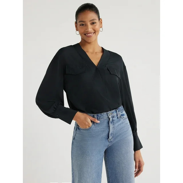 Scoop Women’s Shirt Bodysuit with Long Sleeves, Sizes XS-XXL - Walmart.com | Walmart (US)